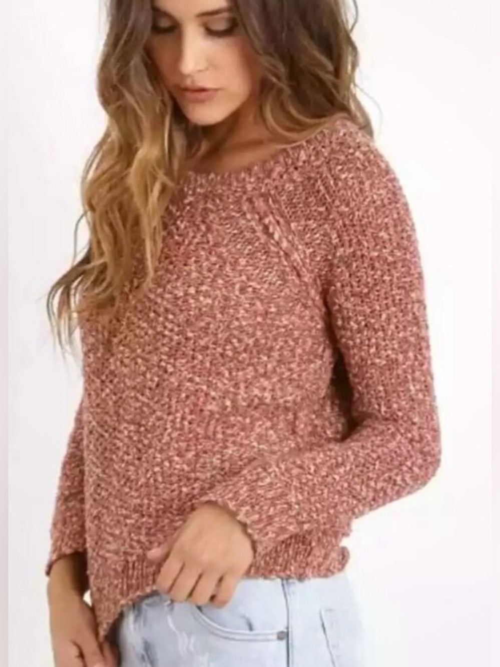 Free People Sweater, Sz. M, Rosey Red/Beige, Wide Neck, Loosely Woven